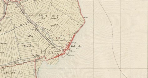 <p>In het begin van de twintigste eeuw breidt de bebouwing van Volendam zich geleidelijk uit langs de dijk richting het noordoosten. Topografische kaart van het gebied uit 1906. (Waterlands Archief)</p>
